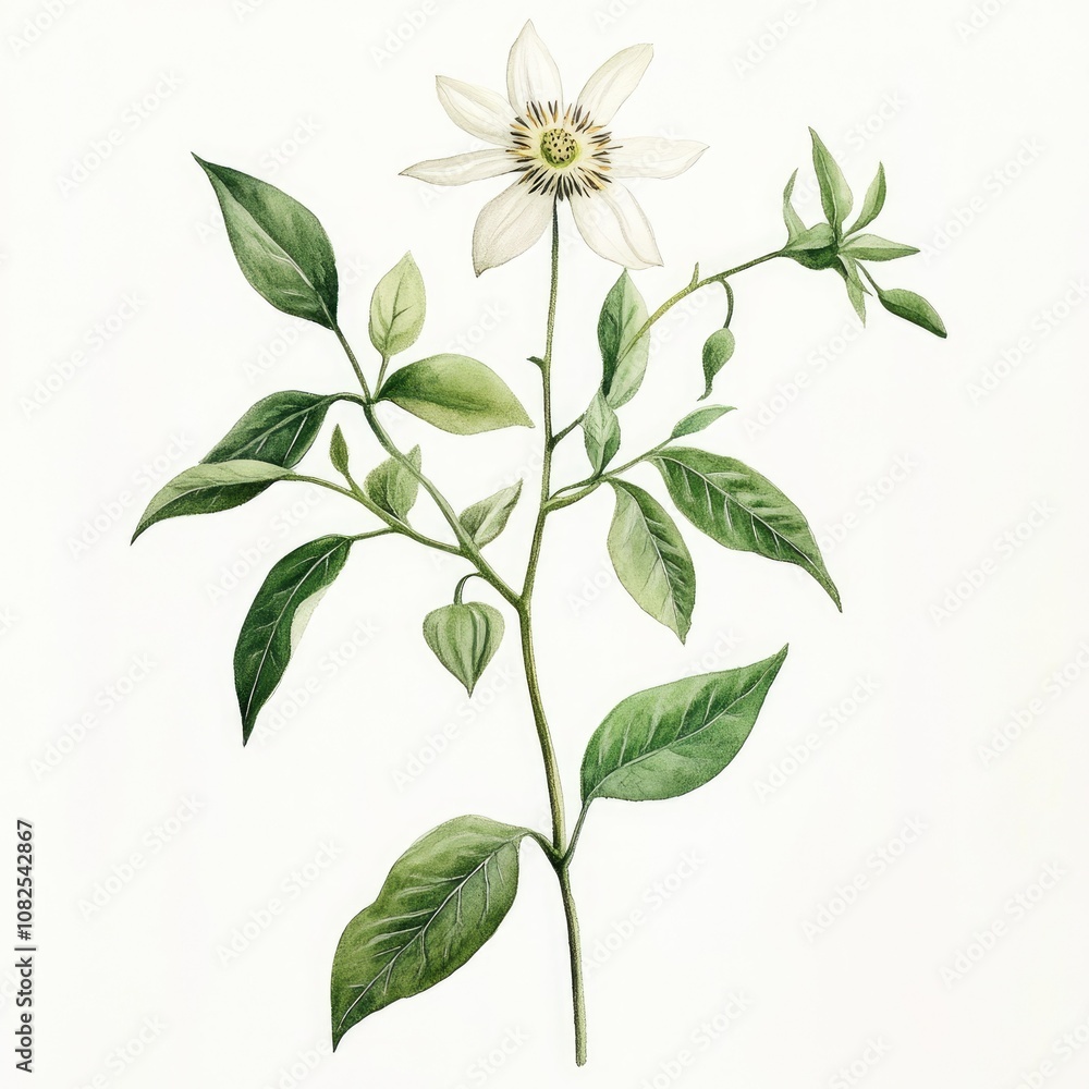 Obraz premium Passiflora Bloom. Exotic Passion Flower Watercolor Illustration with Herbal Leaves on White Background