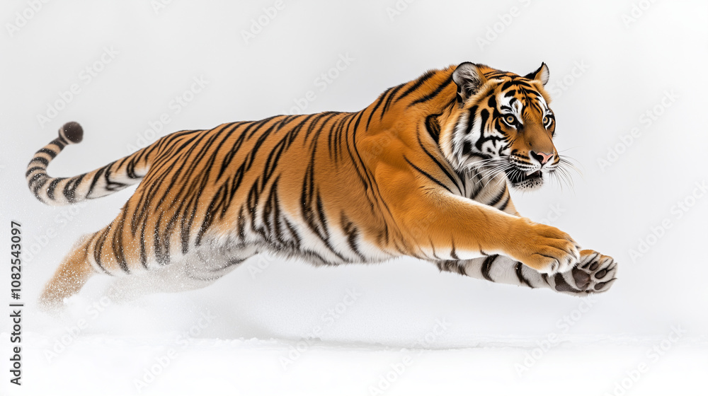 Obraz premium Majestic Tiger Leaping in Motion Against White Background