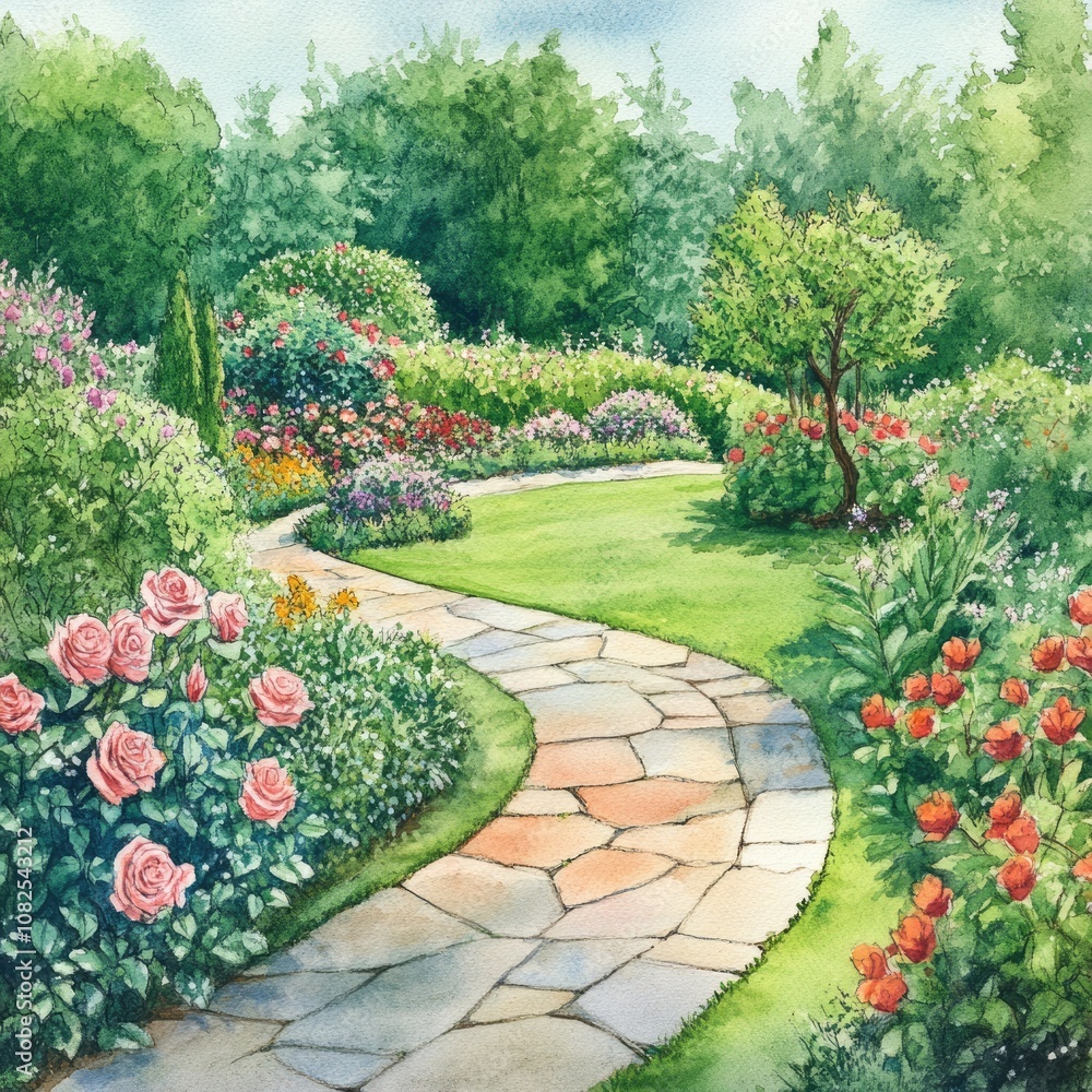 Obraz premium Peaceful Rose Garden Landscape Design: Hand-Painted Watercolor Illustration of Botanical Beauty