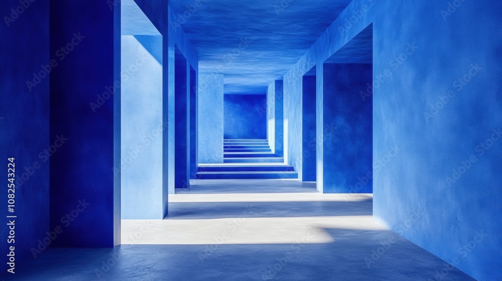 A serene blue corridor with geometric shadows and soft lighting creates a calming atmosphere, AI A serene blue corridor with geometric shadows and soft lighting creates a calming atmosphere, AI
