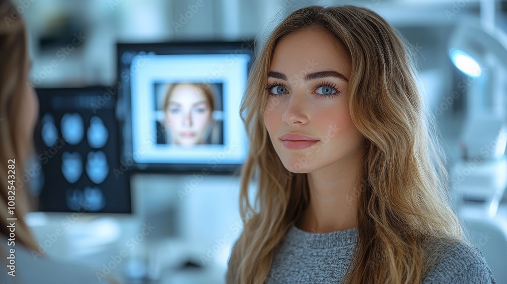 Patient discusses facial asymmetry with a clinician in a modern clinic setting during a consultation Patient discusses facial asymmetry with a clinician in a modern clinic setting during a consultation