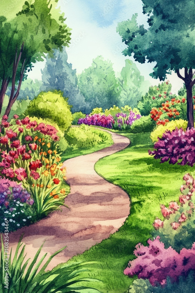 Obraz premium Serene Garden Landscape with Watercolor Floral Design and Walking Pathway