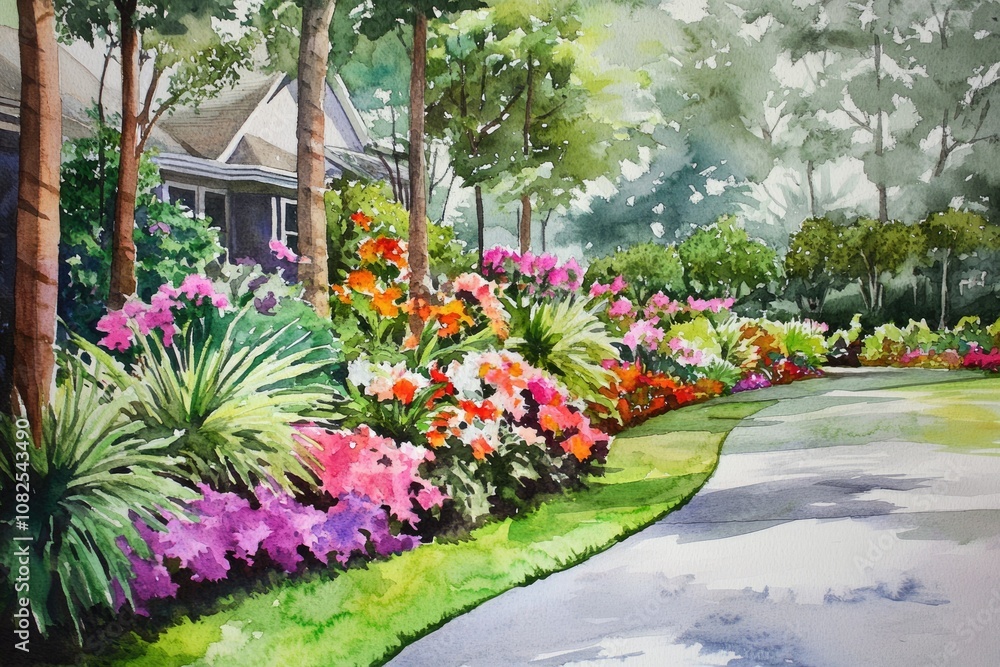 custom made wallpaper toronto digitalSerene Garden Oasis: Watercolor Landscape Design with Botanical Flourish