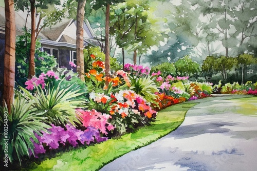 Wallpaper Mural Serene Garden Oasis: Watercolor Landscape Design with Botanical Flourish Torontodigital.ca