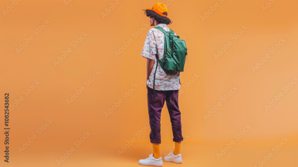 Fashion man, printed white T-shirt, dark purple pants, orange hat, yellow socks, white sneakers, green backpack, clean solid color background. Fashion man, printed white T-shirt, dark purple pants, orange hat, yellow socks, white sneakers, green backpack, clean solid color background.
