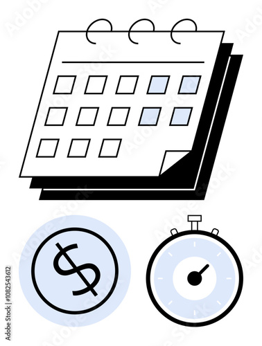 Calendar with spiral binding dollar sign in a circle and stopwatch. Ideal for time management, financial planning, scheduling, budgeting, deadlines, productivity, organization. Line metaphor