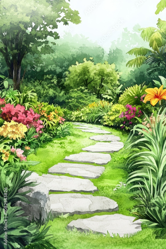 Obraz premium Tranquil Garden Oasis: Watercolor Landscape Design with Lush Plantings and Pathway