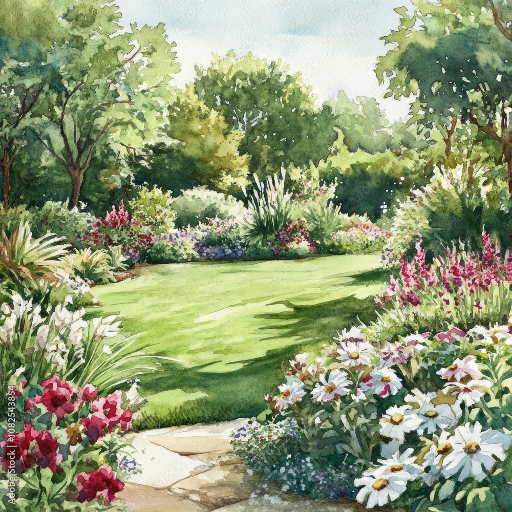 Fototapeta premium Tranquil Garden Oasis: Watercolor Landscape with Blooming Flowers and Lush Greenery