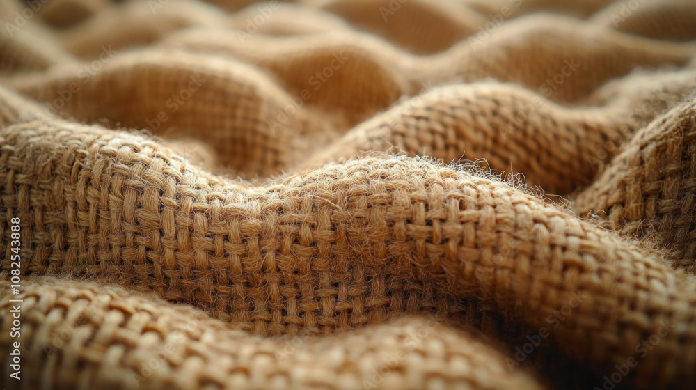 The photograph captures a detailed close-up of burlap fabric, highlighting its intricate weaving and natural fibers. The warm tones add depth and texture to the scene. The photograph captures a detailed close-up of burlap fabric, highlighting its intricate weaving and natural fibers. The warm tones add depth and texture to the scene.