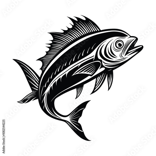 dolphin (mahi-mahi fish) fish design, labeled linocut vector silhouette illustration.