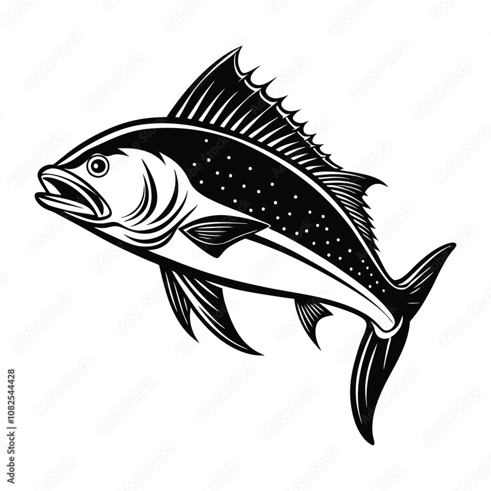 dolphin (mahi-mahi fish) fish design, labeled linocut vector silhouette illustration. dolphin (mahi-mahi fish) fish design, labeled linocut vector silhouette illustration.