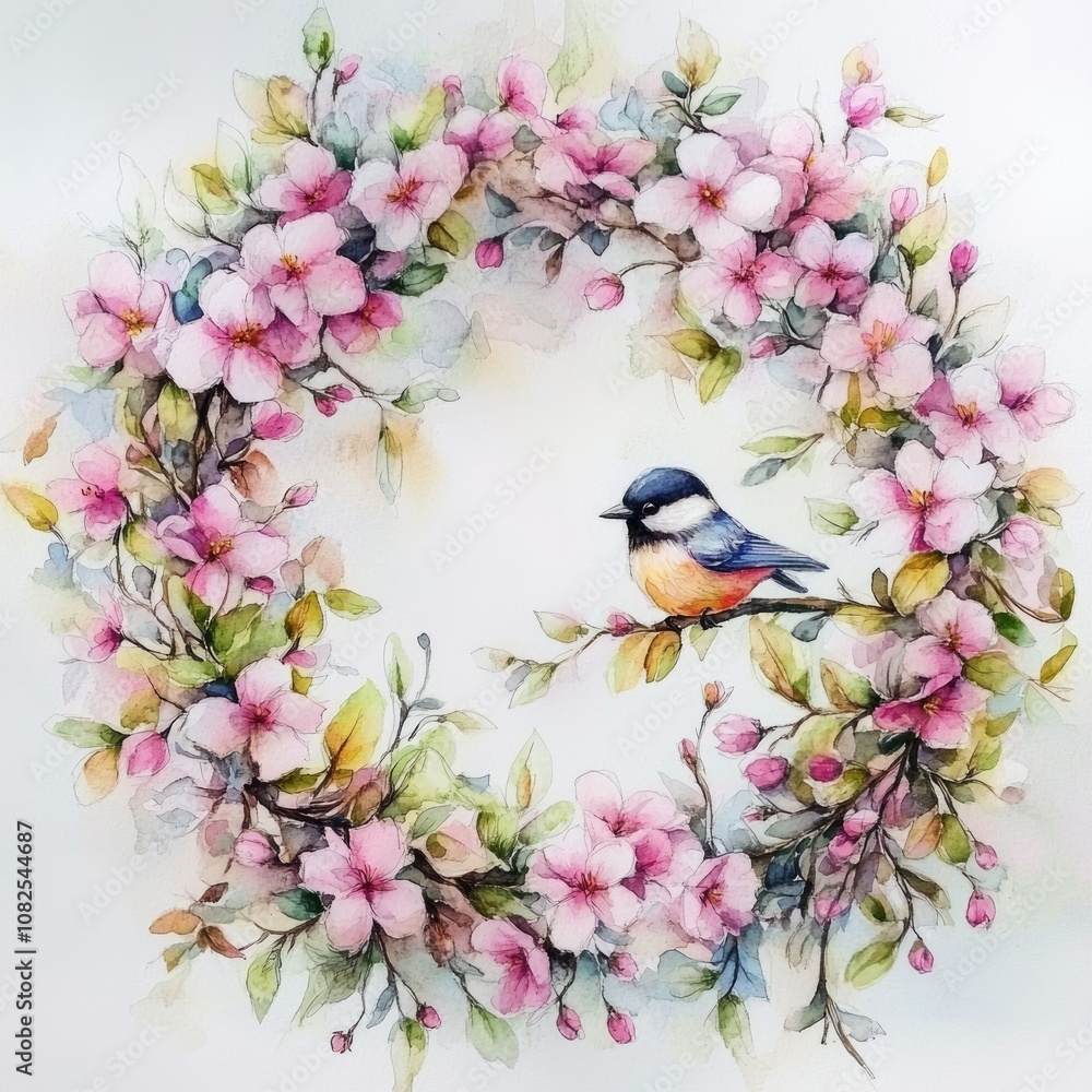 Fototapeta premium Watercolor Apple Blossom Wreath. Colorful Spring Floral Illustration for Invitations and Greeting Cards
