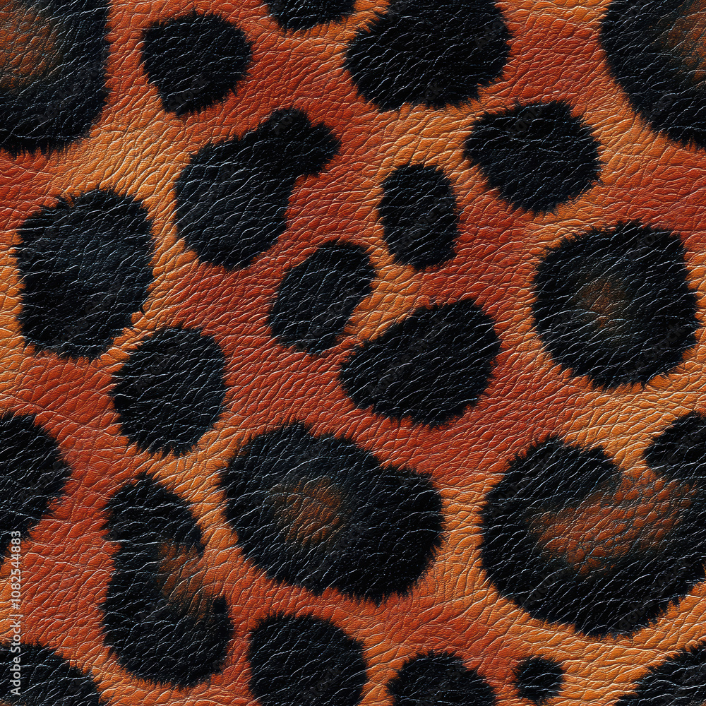 A close up of a leopard print leather item. The pattern is made up of black and orange spots A close up of a leopard print leather item. The pattern is made up of black and orange spots