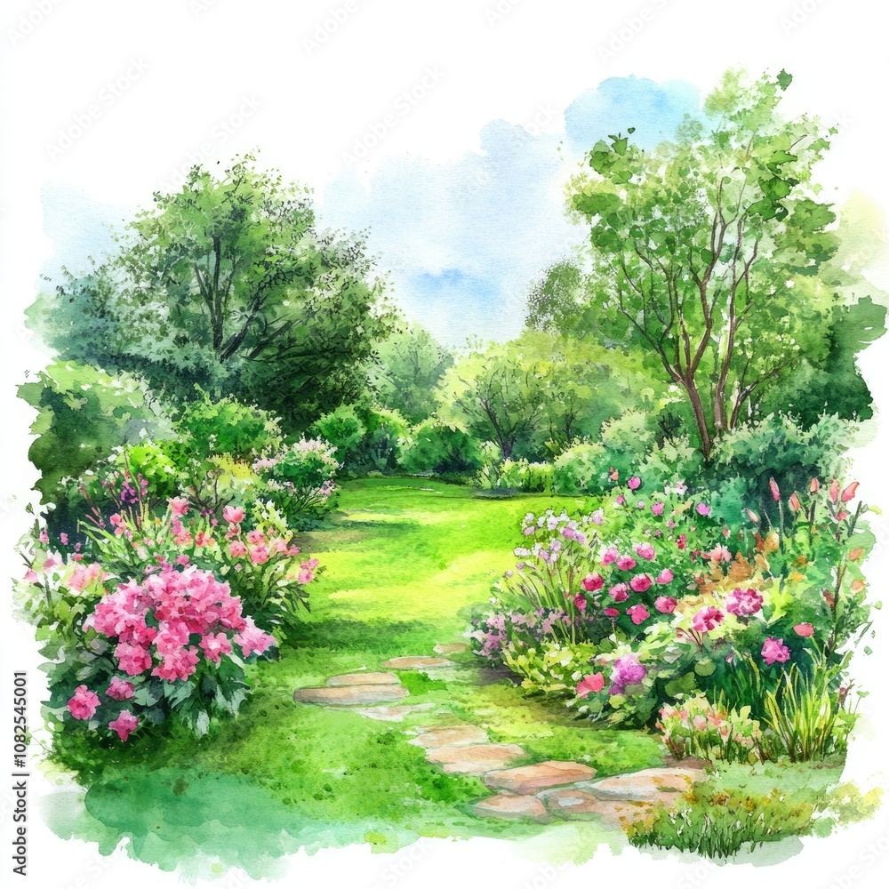 Obraz premium Watercolor Garden Landscape with Blooming Flowers on Stone Path