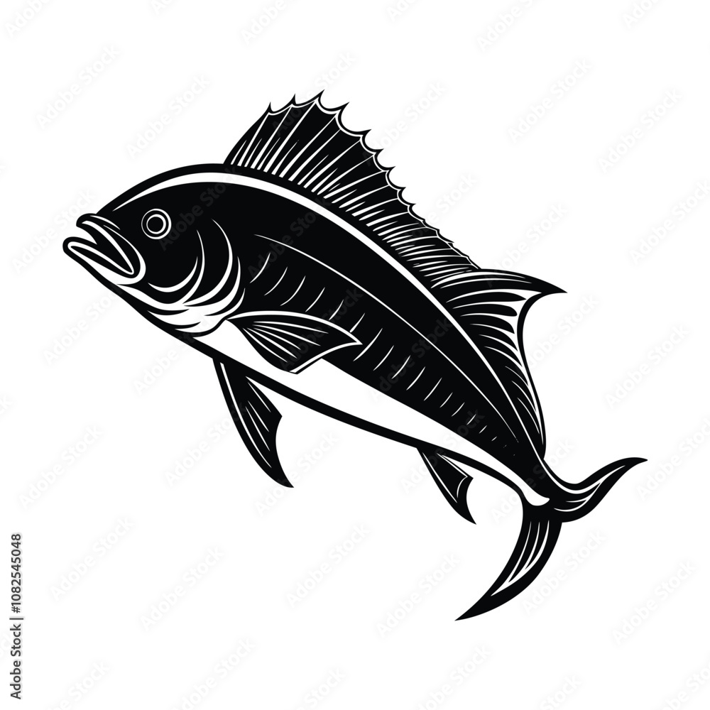 dolphin (mahi-mahi fish) fish design, labeled linocut vector silhouette illustration. dolphin (mahi-mahi fish) fish design, labeled linocut vector silhouette illustration.