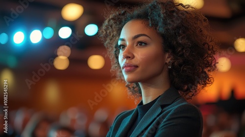 A confident woman presenting a groundbreaking idea at a creative industry conference Her sharp attire and assertive communication showcase her expertise A dynamic representation of women excelling 