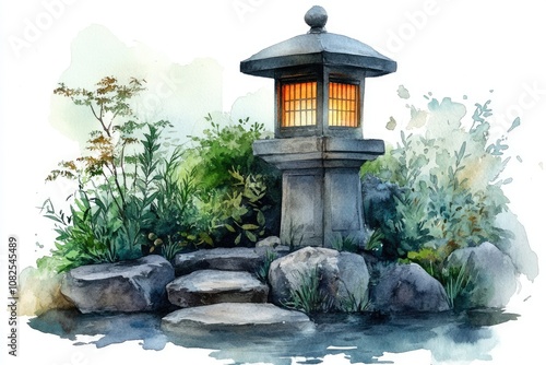 Zen Japanese Stone Lantern in Tranquil Garden Landscape