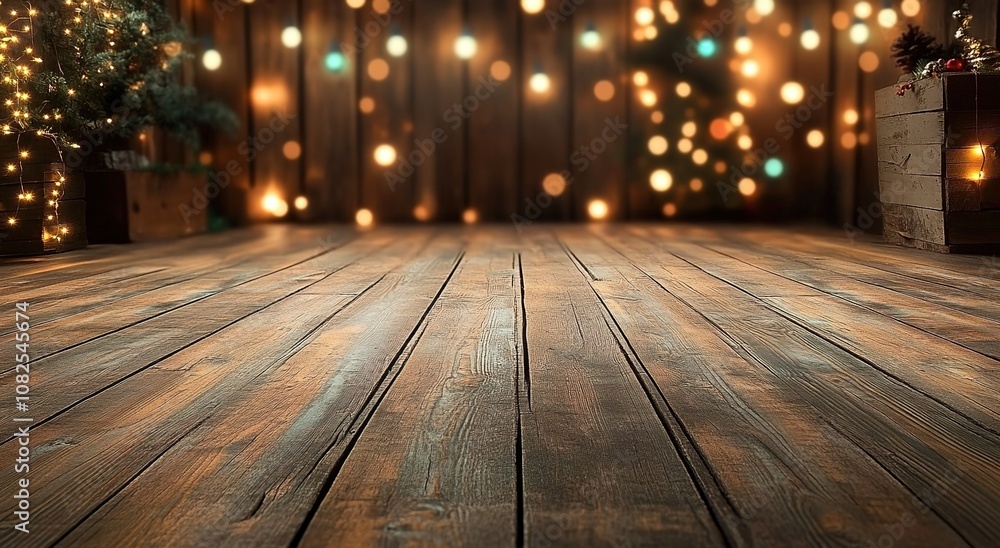 Rustic wooden floor with a Christmas lights backdrop. Rustic wooden floor with a Christmas lights backdrop.
