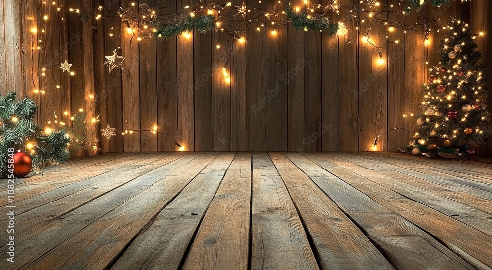Rustic wooden floor with a Christmas lights backdrop. Rustic wooden floor with a Christmas lights backdrop.