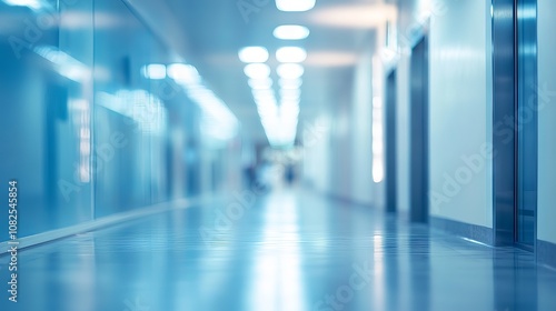 Abstract defocused technology and medical space background - modern business corridor or shopping mall with blurred hospital.