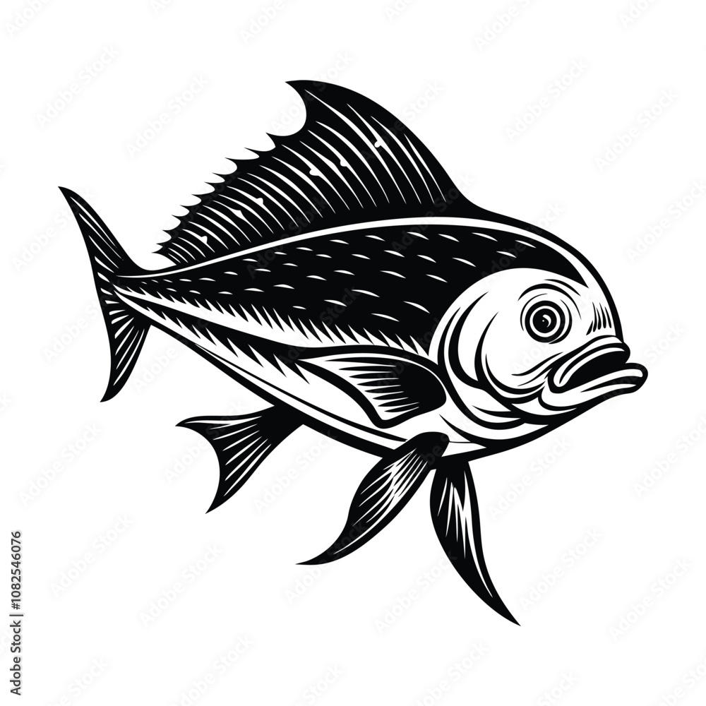 dolphin (mahi-mahi fish) fish design, labeled linocut vector silhouette illustration. dolphin (mahi-mahi fish) fish design, labeled linocut vector silhouette illustration.