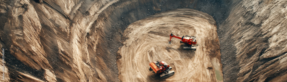 Heavy machinery operates in deep quarry, showcasing excavation and surveying activities. scene highlights scale and precision of engineering in mining operations Heavy machinery operates in deep quarry, showcasing excavation and surveying activities. scene highlights scale and precision of engineering in mining operations
