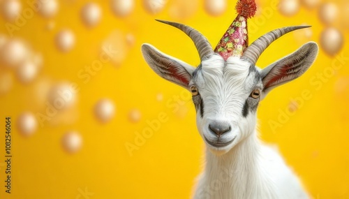 Close-up of a cheerful goat wearing a golden party hat against a vibrant yellow background. Perfect for festive, fun, and joyful themes.