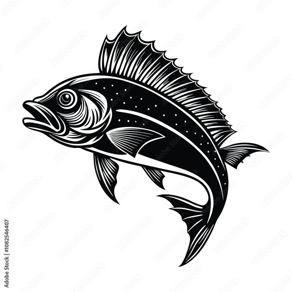 dolphin (mahi-mahi fish) fish design, labeled linocut vector silhouette illustration. dolphin (mahi-mahi fish) fish design, labeled linocut vector silhouette illustration.