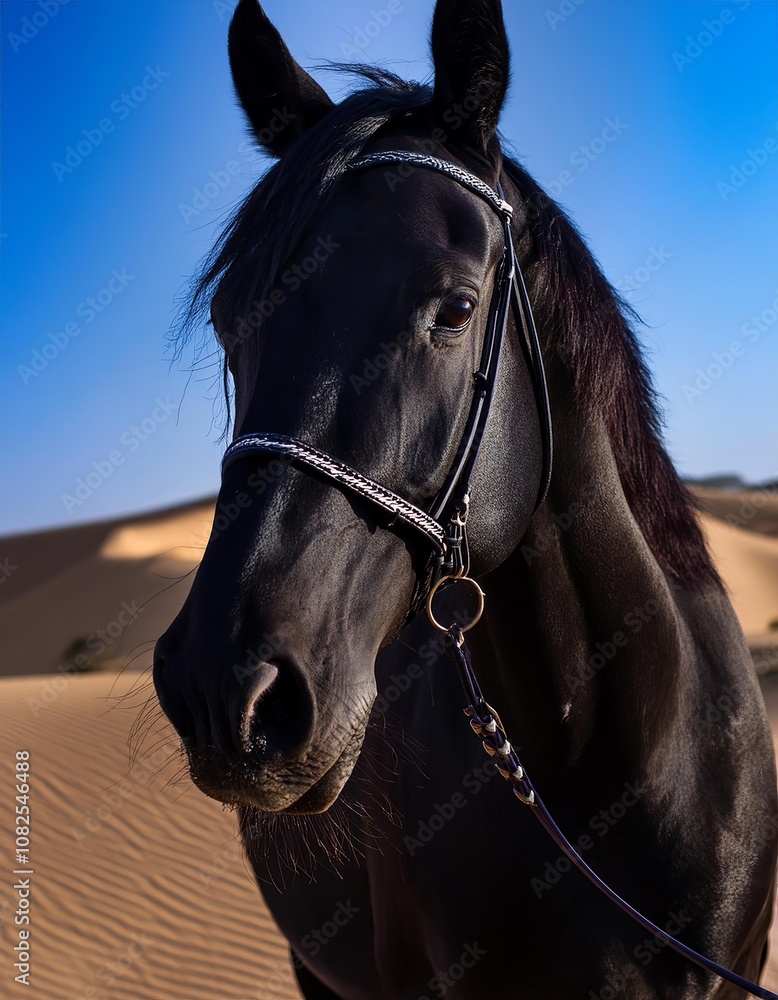 Fototapeta premium Black horse with a bridle on its head. The horse is standing in a sandy area. Arabian horse breed