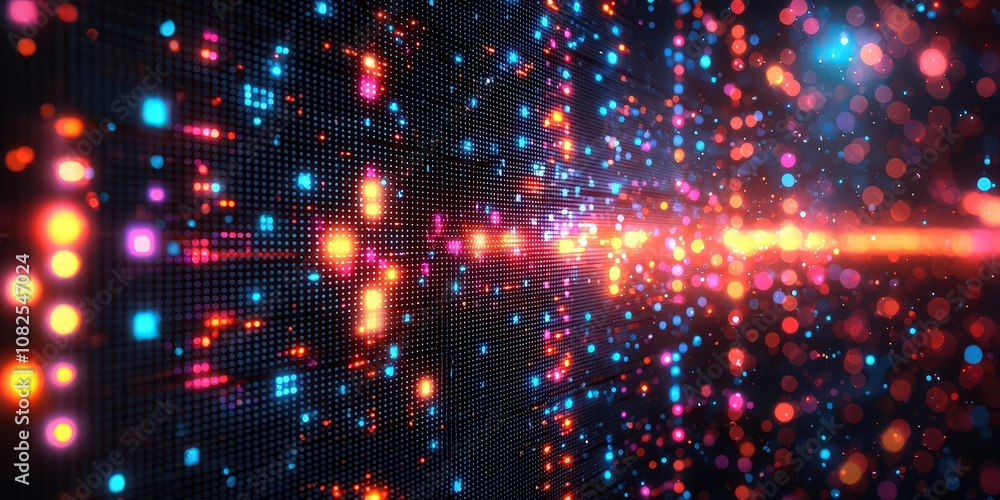 interactive digital display wall with vibrant, pixelated colors and light effects, creating the illusion that it's glowing from within. interactive digital display wall with vibrant, pixelated colors and light effects, creating the illusion that it's glowing from within.