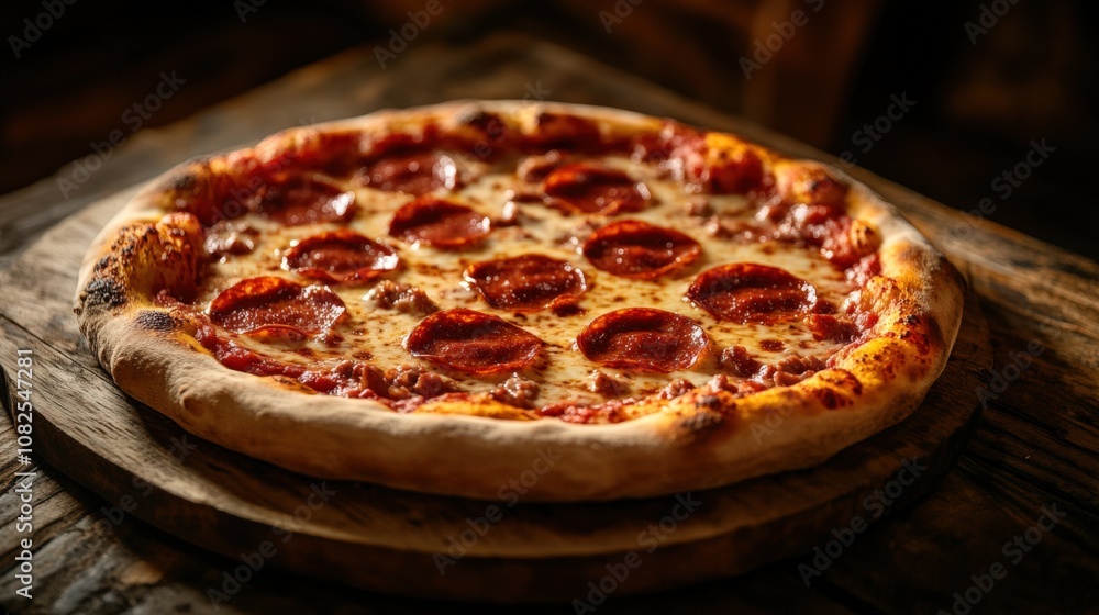 Delicious Pepperoni Pizza on Rustic Wooden Board Delicious Pepperoni Pizza on Rustic Wooden Board