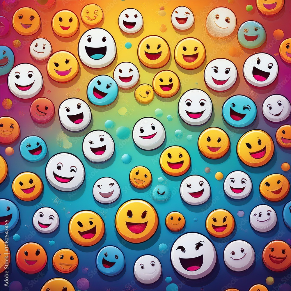 pattern of cheerful, smiling emoji faces arranged playfully on a bright, colorful background, symbolizing digital happiness and universal joy pattern of cheerful, smiling emoji faces arranged playfully on a bright, colorful background, symbolizing digital happiness and universal joy