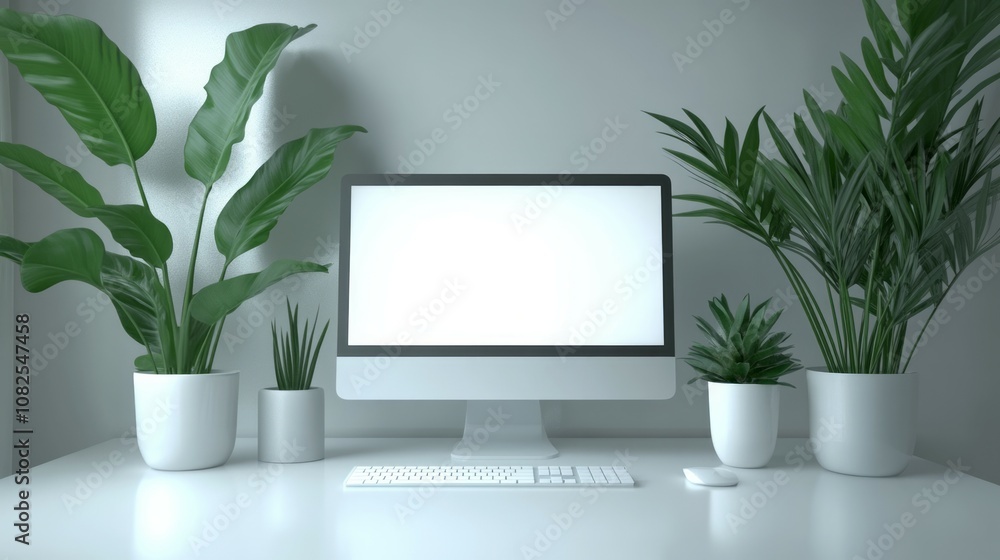 A modern home office or private office with a white-screen computer mockup on a table A modern home office or private office with a white-screen computer mockup on a table
