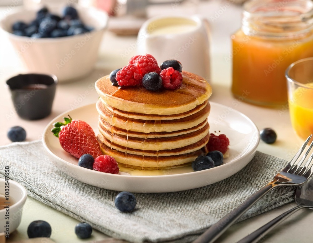 Fluffy Breakfast Pancakes Stacked High with Fresh Berries and Maple Syrup, Captured in a Bright and Airy Home Breakfast Table Setup with a Cozy Vibe Fluffy Breakfast Pancakes Stacked High with Fresh Berries and Maple Syrup, Captured in a Bright and Airy Home Breakfast Table Setup with a Cozy Vibe