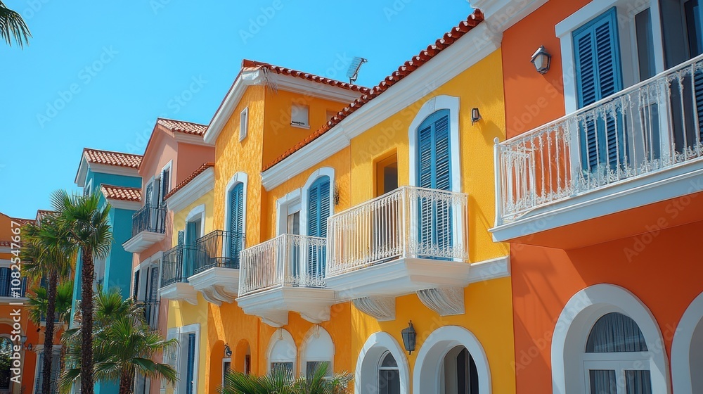 Naklejka premium Colorful buildings with balconies under a clear blue sky.