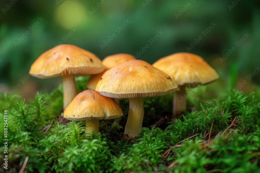 Vibrant yellow mushrooms flourish on moss-covered log in a lush, sunlit forest during springtime Vibrant yellow mushrooms flourish on moss-covered log in a lush, sunlit forest during springtime