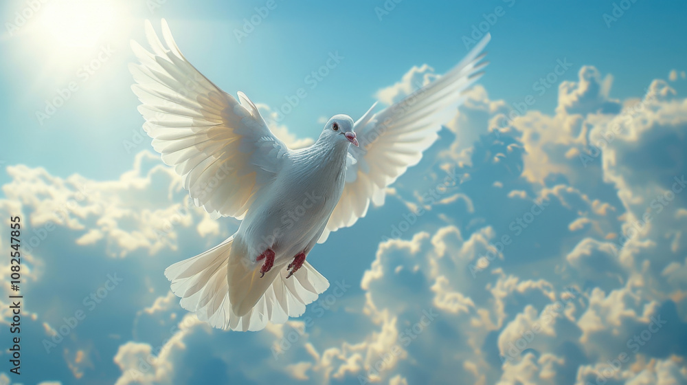 Fototapeta premium White dove bird symbolizing Holy Spirit flying near wooden cross in the heaven sky clouds with sunlight. Jesus Christ, God worship in faith, spiritual peace, Church baptism service, salvation.