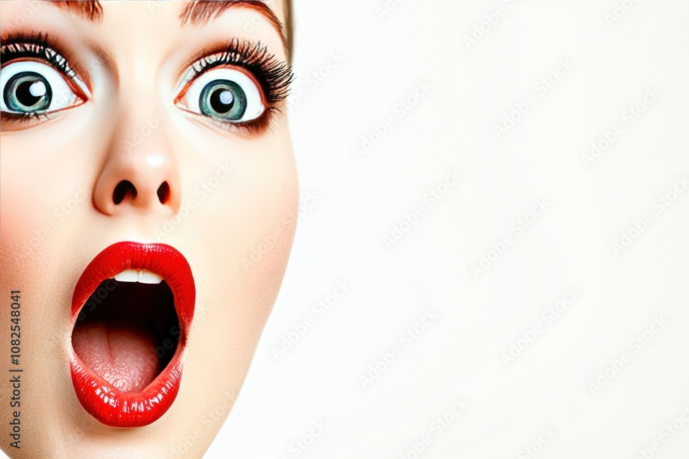 A surprised woman with wide eyes and an open mouth, conveying shock or excitement.