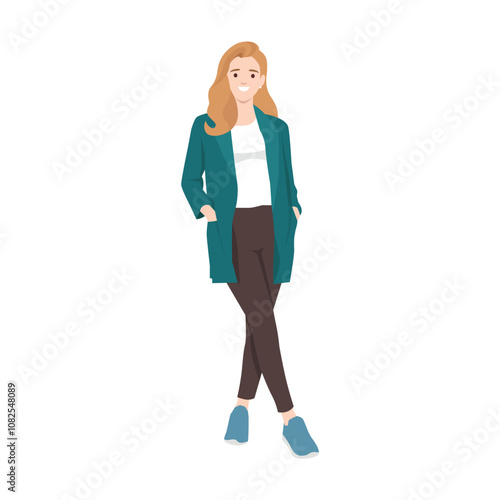 Young woman with her hands inside pocket wearing business casual outfit. Flat vector illustration isolated on white background
