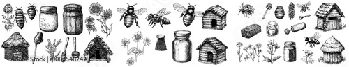 Illustration of a vintage engraved honey set done in ink and vintage engrave