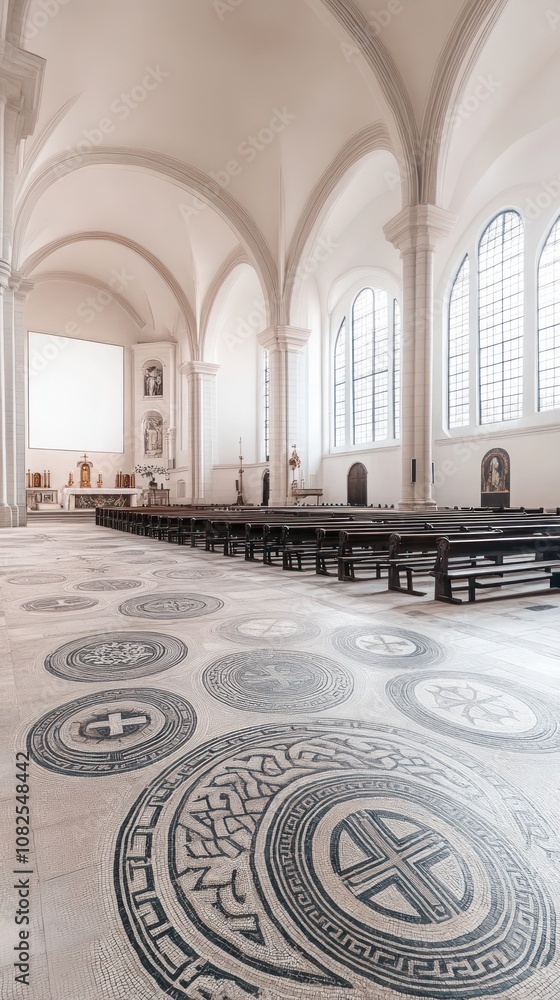Obraz premium A spacious church interior featuring intricate floor mosaics and large windows.