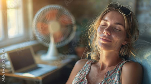 Young businesswoman suffering from summer heat, sitting in office workplace with a laptop notebook, ventilator fan cooler in the background. photo