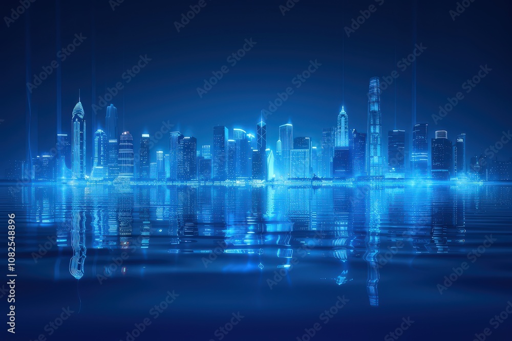 A futuristic city skyline reflected on water, illuminated in shades of blue, creating a serene and high-tech atmosphere. A futuristic city skyline reflected on water, illuminated in shades of blue, creating a serene and high-tech atmosphere.
