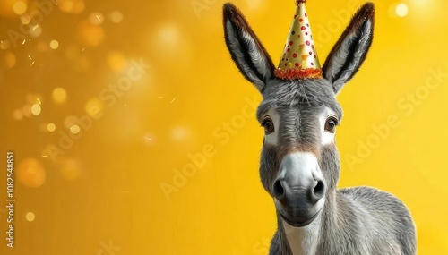 Close-up of a cheerful donkey wearing a golden party hat on a bright yellow background. Ideal for festive, fun and joyful themes. photo