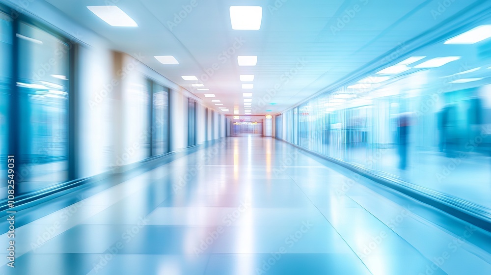 Abstract defocused technology and medical space background - modern business corridor or shopping mall with blurred hospital. Abstract defocused technology and medical space background - modern business corridor or shopping mall with blurred hospital.