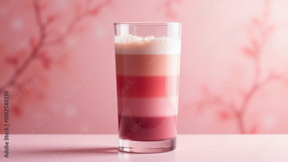 Pink layered matcha drink on a table. Pink layered matcha drink on a table.