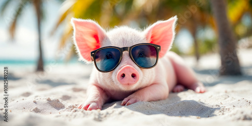 A young piglet wearing sunglasses on a sandy beach with palm leaves in the background