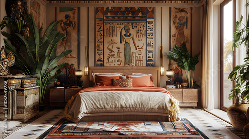 Elegant Egyptian Bedroom with Majestic Hieroglyphs and Lush Tropical Flora for a Luxurious Retreat