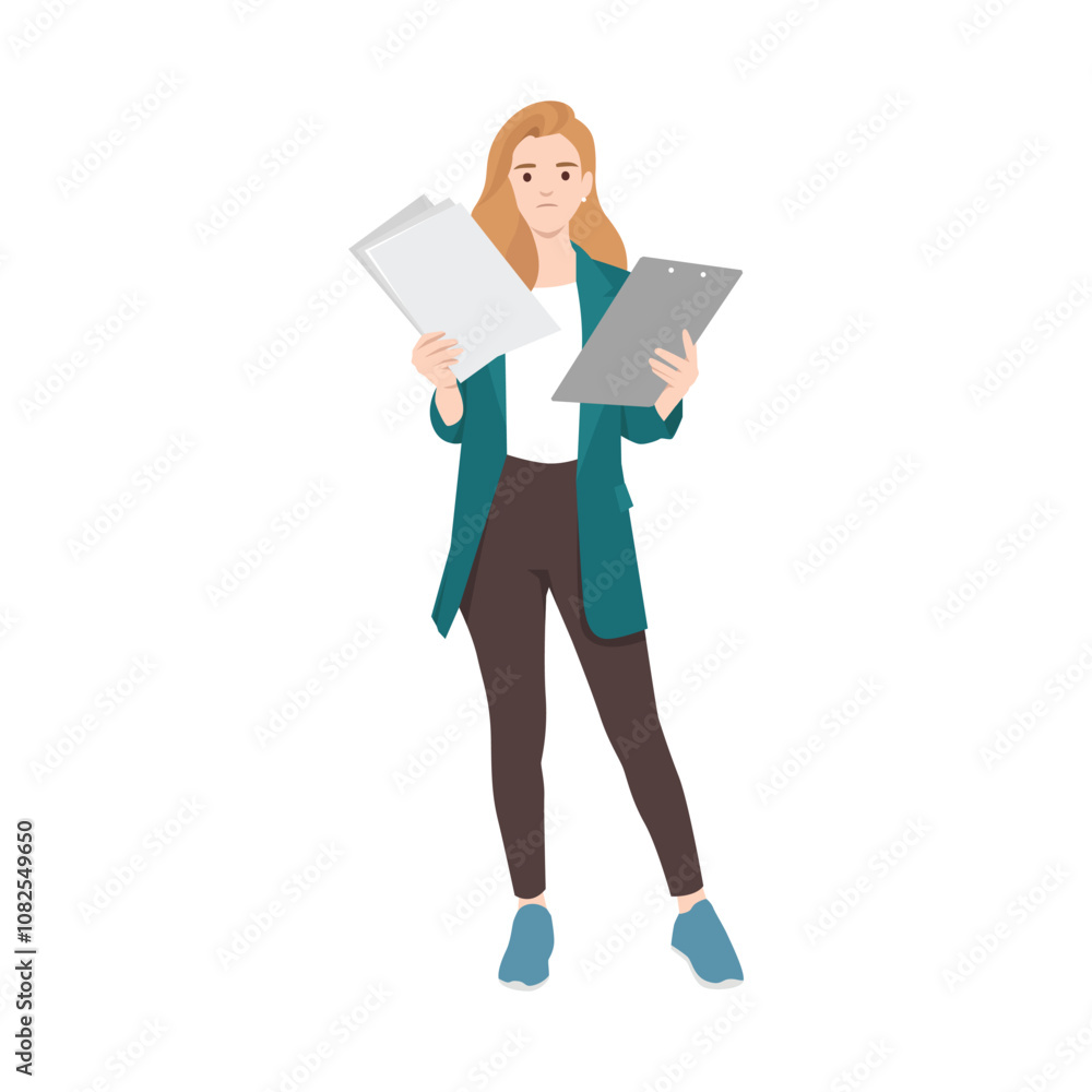 Angry young woman holding document papers. Flat vector illustration isolated on white background Angry young woman holding document papers. Flat vector illustration isolated on white background