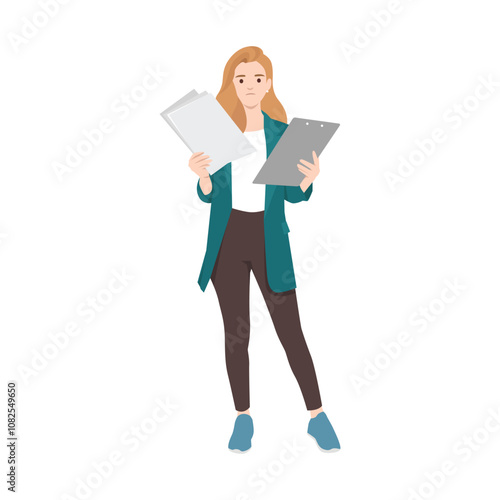 Angry young woman holding document papers. Flat vector illustration isolated on white background